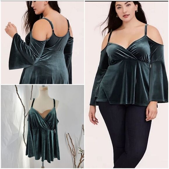 Torrid green velvet cold shoulder top - Picture 1 of 10